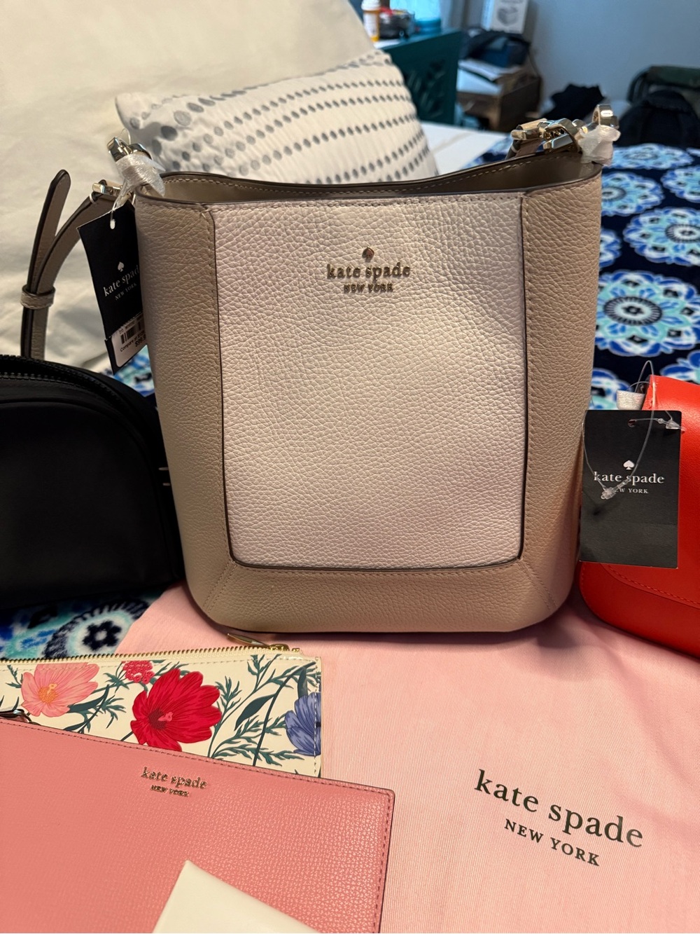 kate spade Two-Tone Pebbled Leather Shoulder Bucket Bag in Taupe & Cream